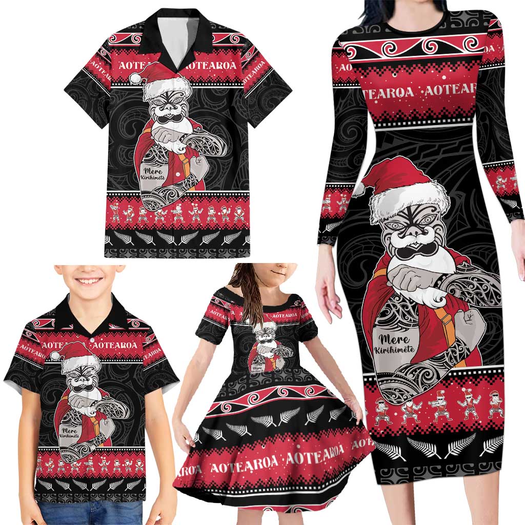 New Zealand Santa Tiki Christmas Family Matching Long Sleeve Bodycon Dress and Hawaiian Shirt Meri Kirihimete