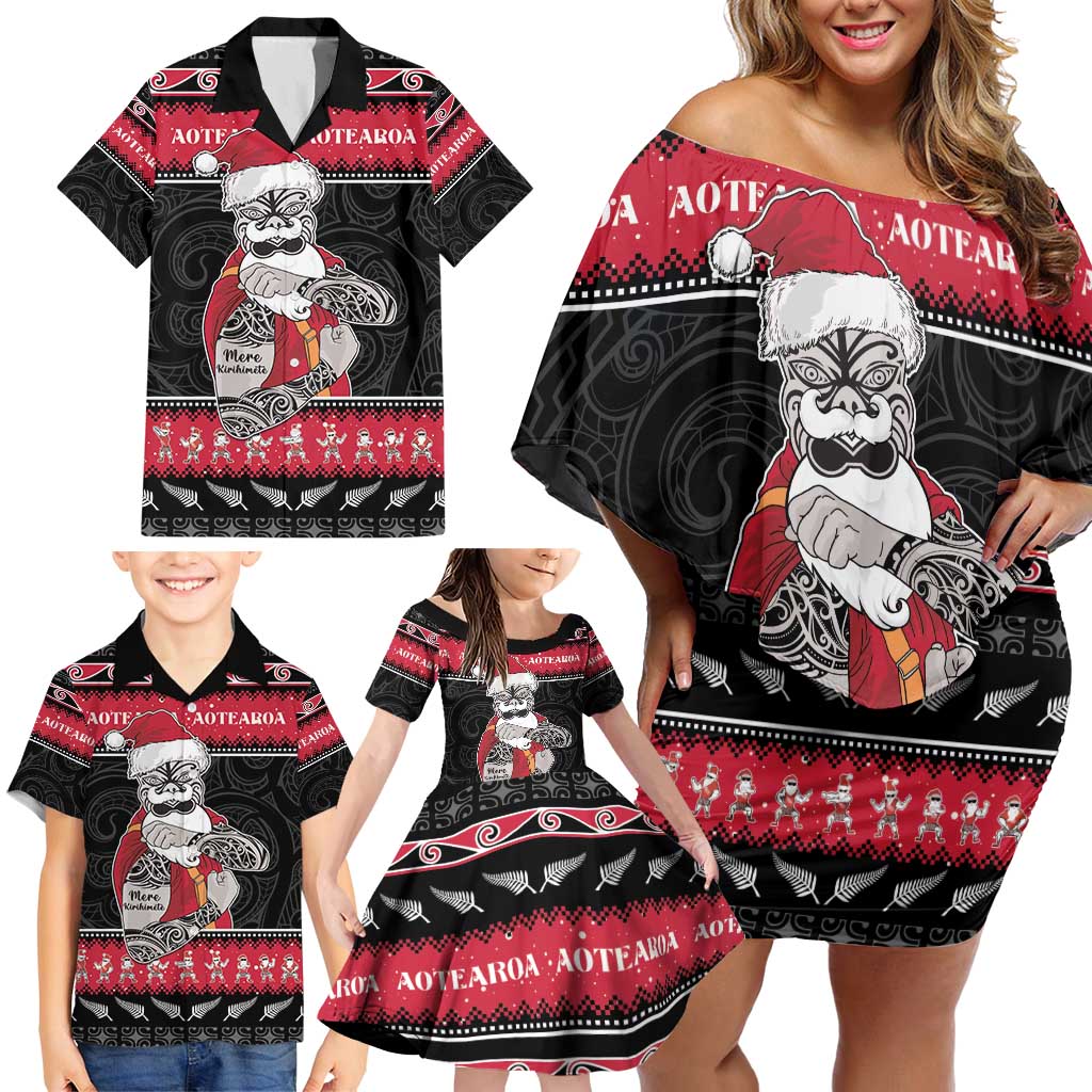 New Zealand Santa Tiki Christmas Family Matching Off Shoulder Short Dress and Hawaiian Shirt Meri Kirihimete