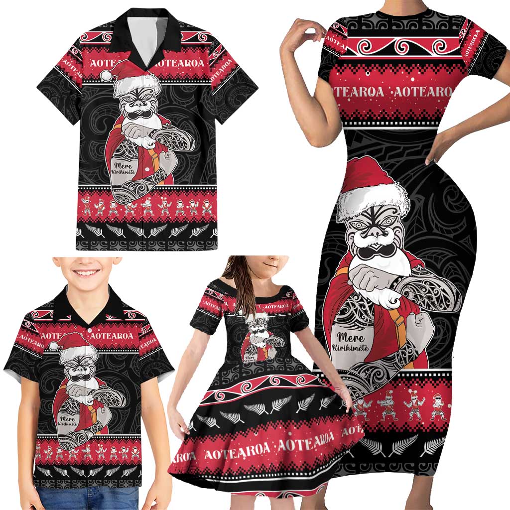 New Zealand Santa Tiki Christmas Family Matching Short Sleeve Bodycon Dress and Hawaiian Shirt Meri Kirihimete