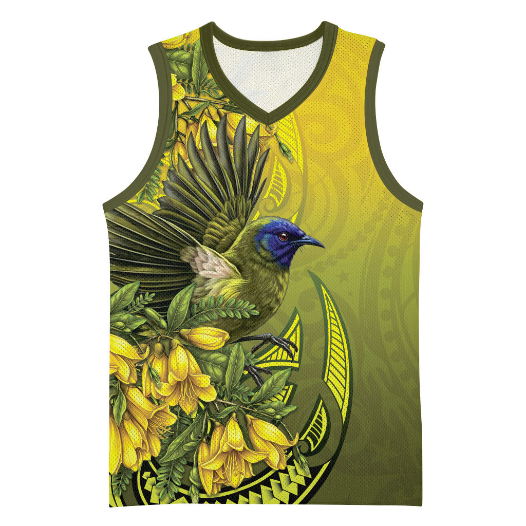 New Zealand Bellbird Basketball Jersey With Kowhai Flowers LT05 Unisex Yellow - Polynesian Pride