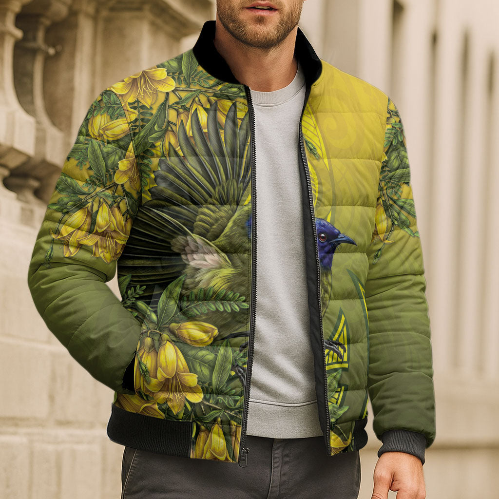 New Zealand Bellbird Bomber Puffer Jacket With Kowhai Flowers LT05 - Polynesian Pride