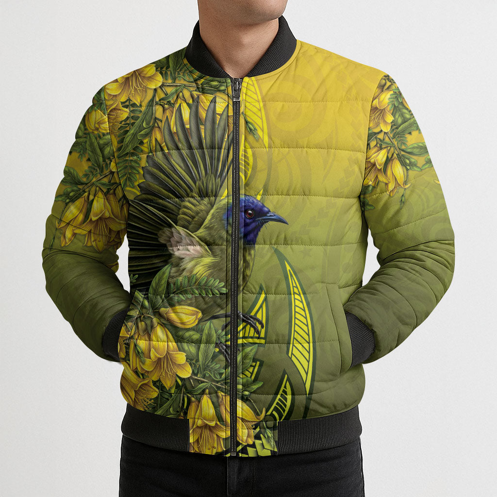 New Zealand Bellbird Bomber Puffer Jacket With Kowhai Flowers LT05 - Polynesian Pride