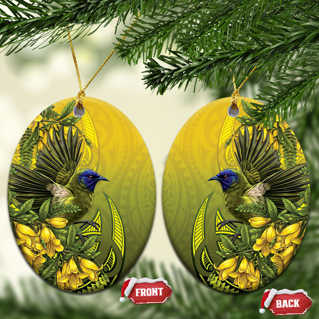 New Zealand Bellbird Ceramic Ornament With Kowhai Flowers LT05 Oval Yellow - Polynesian Pride