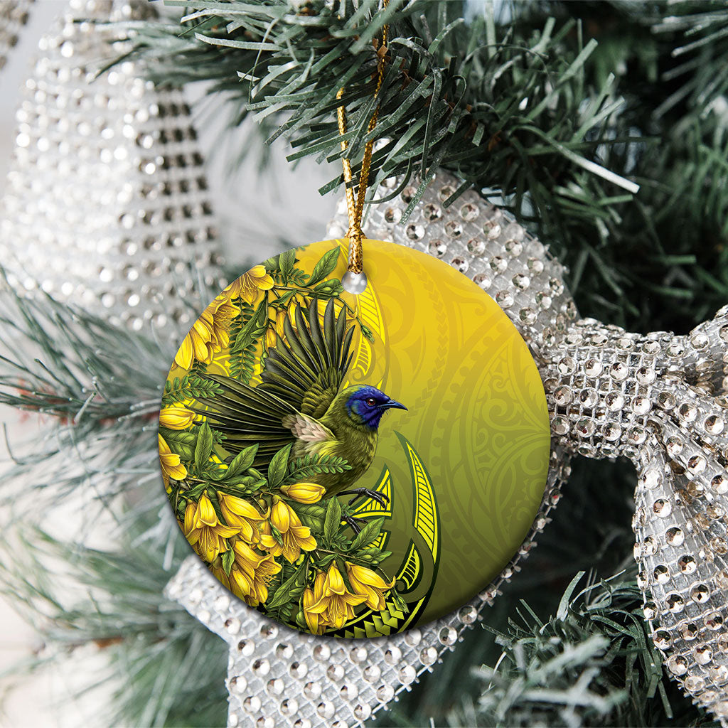 New Zealand Bellbird Ceramic Ornament With Kowhai Flowers LT05 - Polynesian Pride