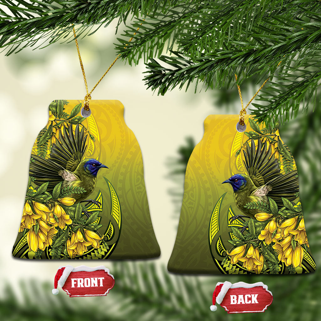 New Zealand Bellbird Ceramic Ornament With Kowhai Flowers LT05 Bell Flake Yellow - Polynesian Pride