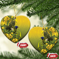 New Zealand Bellbird Ceramic Ornament With Kowhai Flowers LT05 Heart Yellow - Polynesian Pride