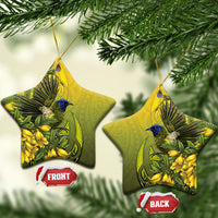 New Zealand Bellbird Ceramic Ornament With Kowhai Flowers LT05 Star Yellow - Polynesian Pride