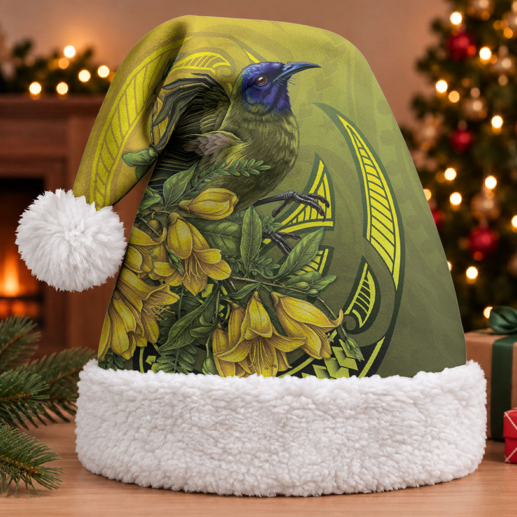 New Zealand Bellbird Christmas Santa Hat With Kowhai Flowers LT05 With Fur Yellow - Polynesian Pride