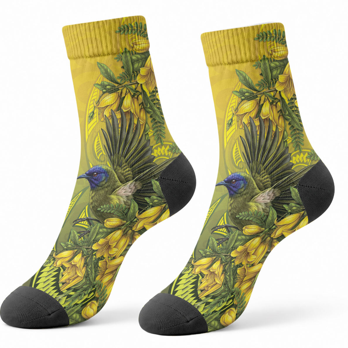 New Zealand Bellbird Crew Socks With Kowhai Flowers LT05 - Polynesian Pride