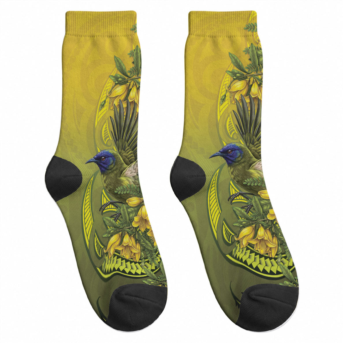 New Zealand Bellbird Crew Socks With Kowhai Flowers LT05 - Polynesian Pride