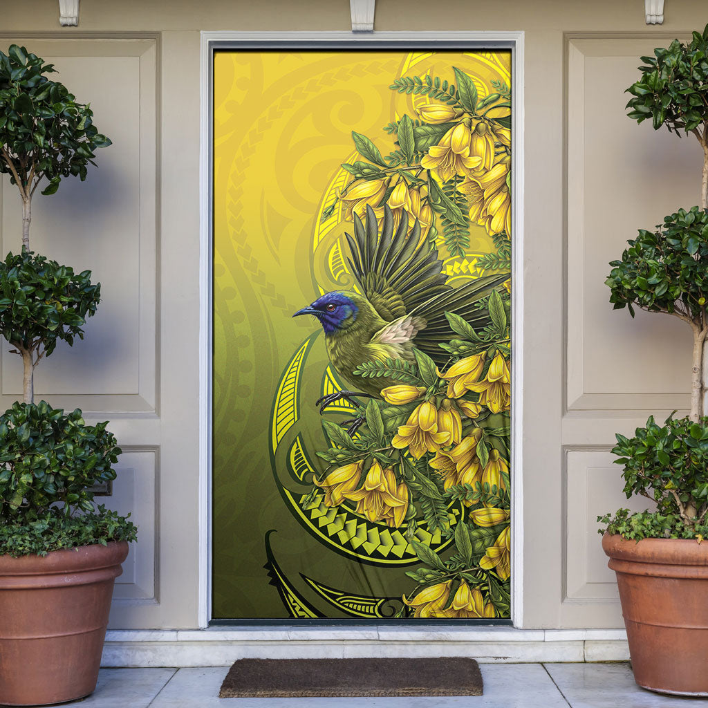 New Zealand Bellbird Door Cover With Kowhai Flowers LT05 Yellow - Polynesian Pride