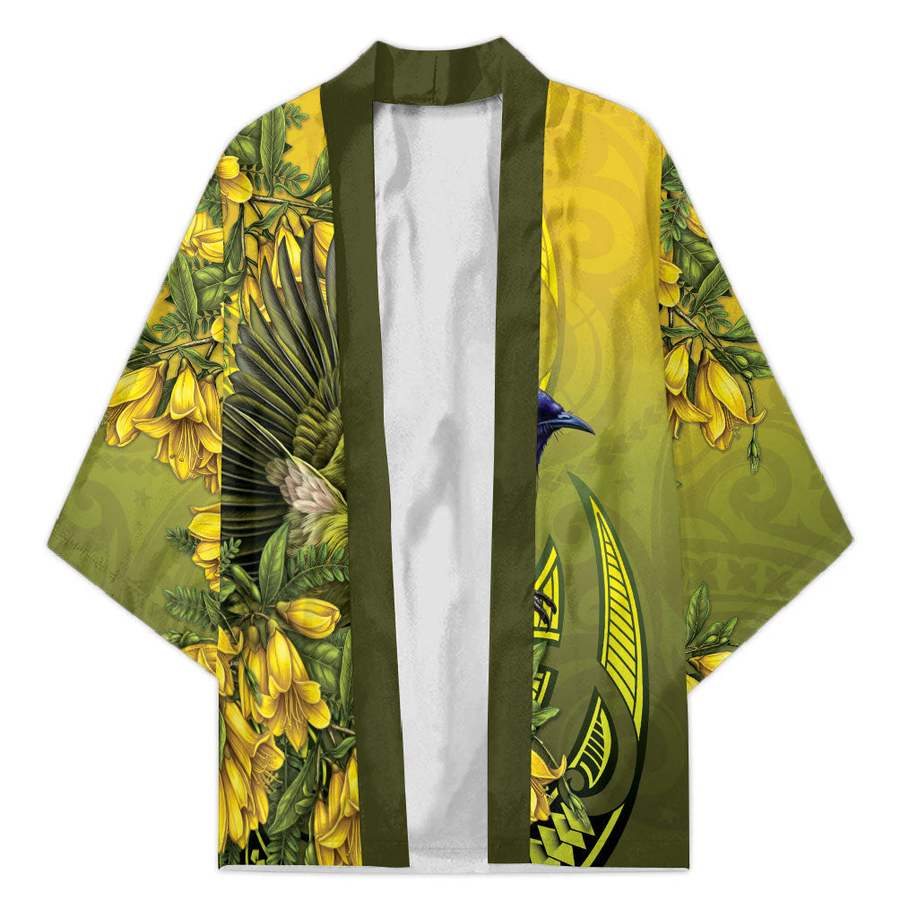 New Zealand Bellbird Kimono With Kowhai Flowers LT05 Unisex Yellow - Polynesian Pride