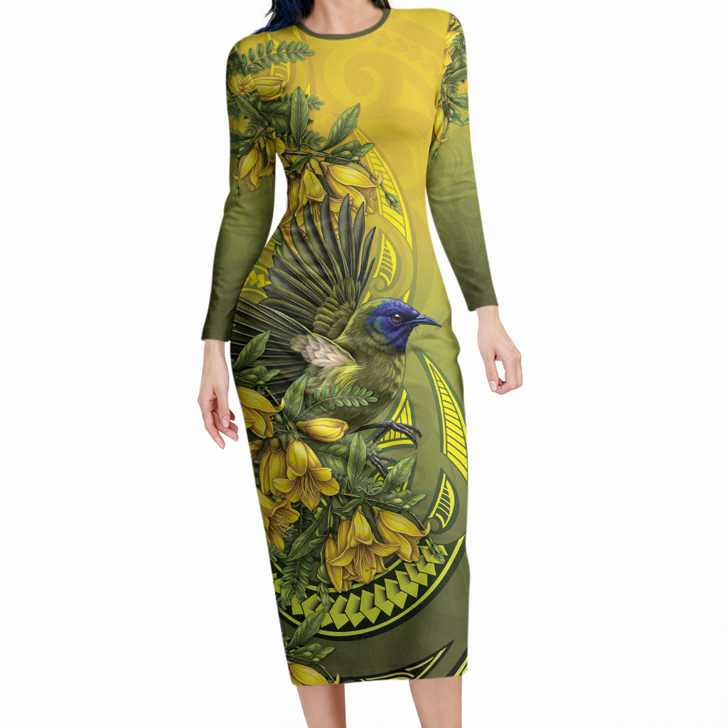 New Zealand Bellbird Long Sleeve Bodycon Dress With Kowhai Flowers LT05 Long Dress Yellow - Polynesian Pride