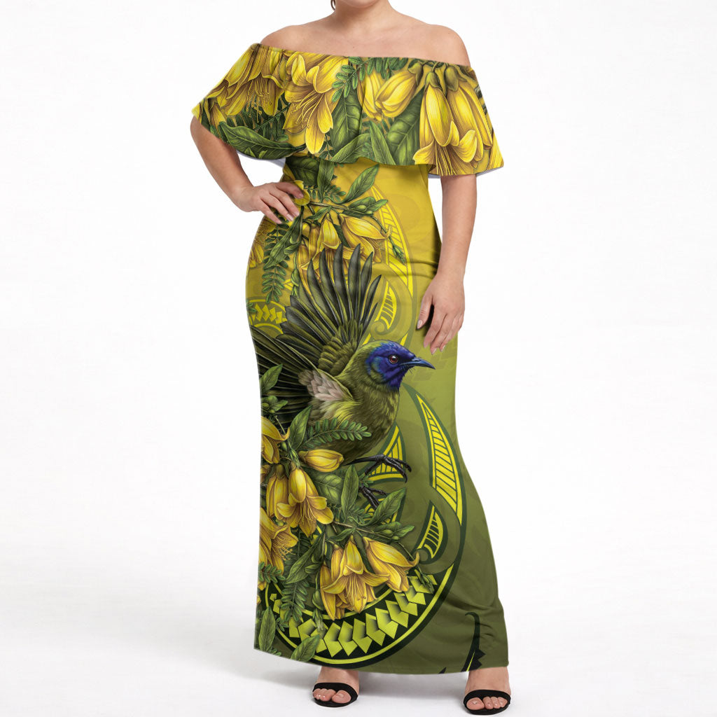 New Zealand Bellbird Off Shoulder Maxi Dress With Kowhai Flowers LT05 Women Yellow - Polynesian Pride