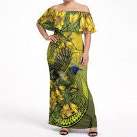 New Zealand Bellbird Off Shoulder Maxi Dress With Kowhai Flowers LT05 Women Yellow - Polynesian Pride