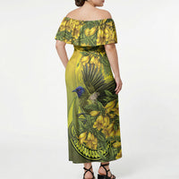 New Zealand Bellbird Off Shoulder Maxi Dress With Kowhai Flowers LT05 - Polynesian Pride