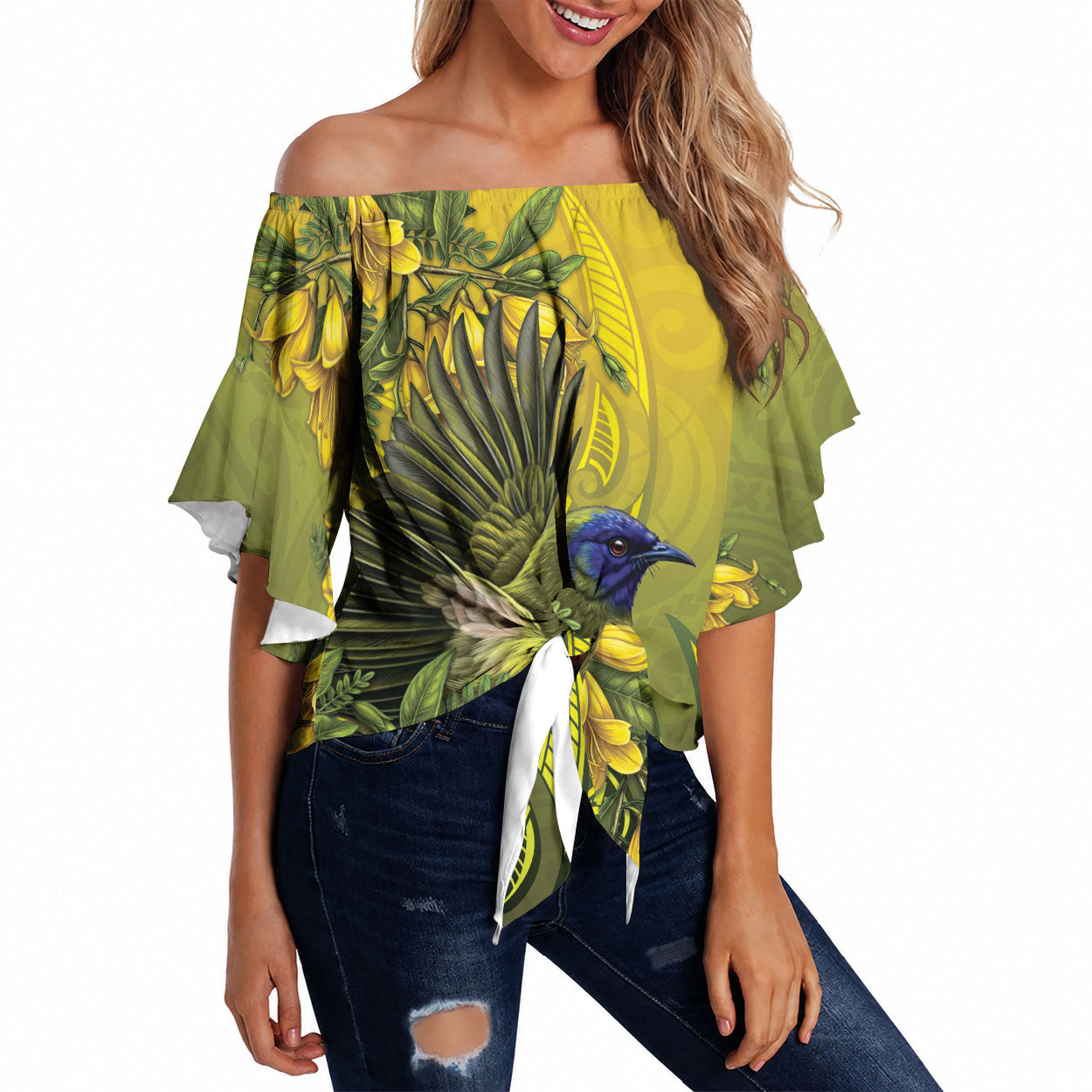 New Zealand Bellbird Off Shoulder Wrap Waist Top With Kowhai Flowers LT05 Yellow - Polynesian Pride