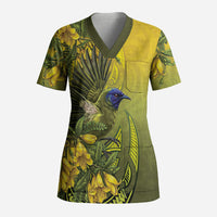 New Zealand Bellbird Scrub Top With Kowhai Flowers LT05 Adult Yellow - Polynesian Pride