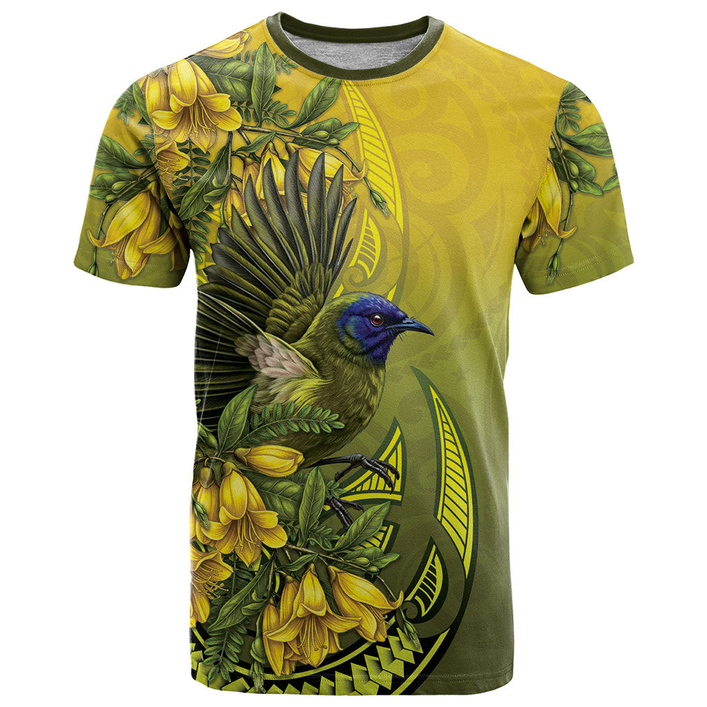 New Zealand Bellbird T Shirt With Kowhai Flowers LT05 Yellow - Polynesian Pride