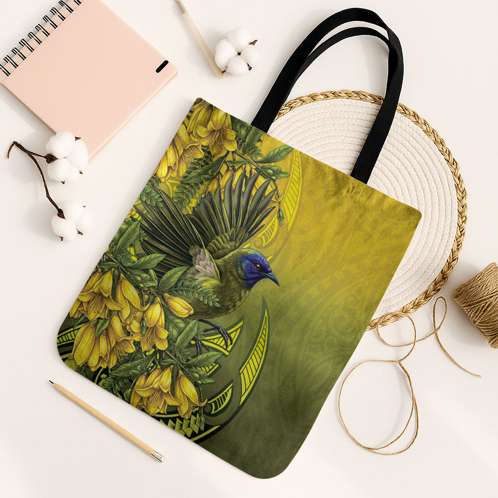 New Zealand Bellbird Tote Bag With Kowhai Flowers LT05 Black Strap One Size Yellow - Polynesian Pride