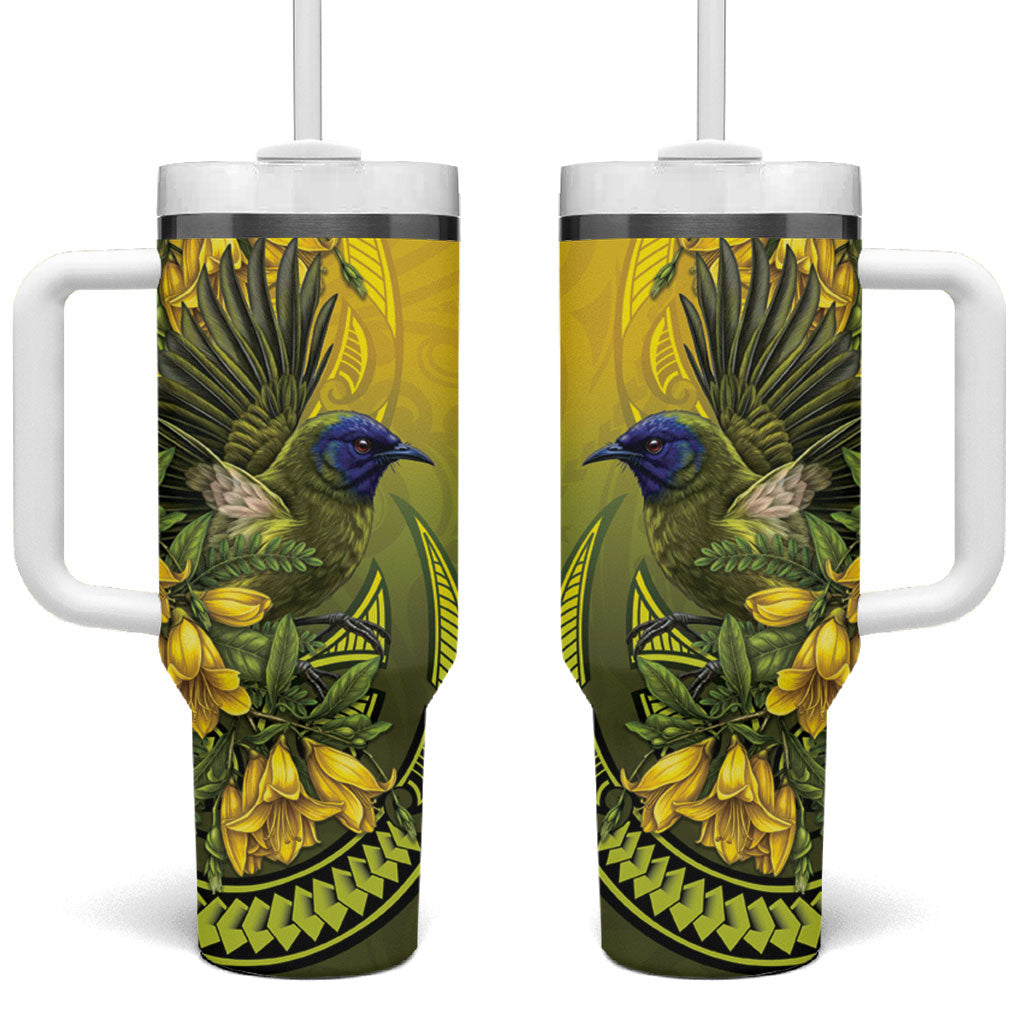New Zealand Bellbird Tumbler With Handle With Kowhai Flowers LT05 One Size: 40 oz Yellow - Polynesian Pride