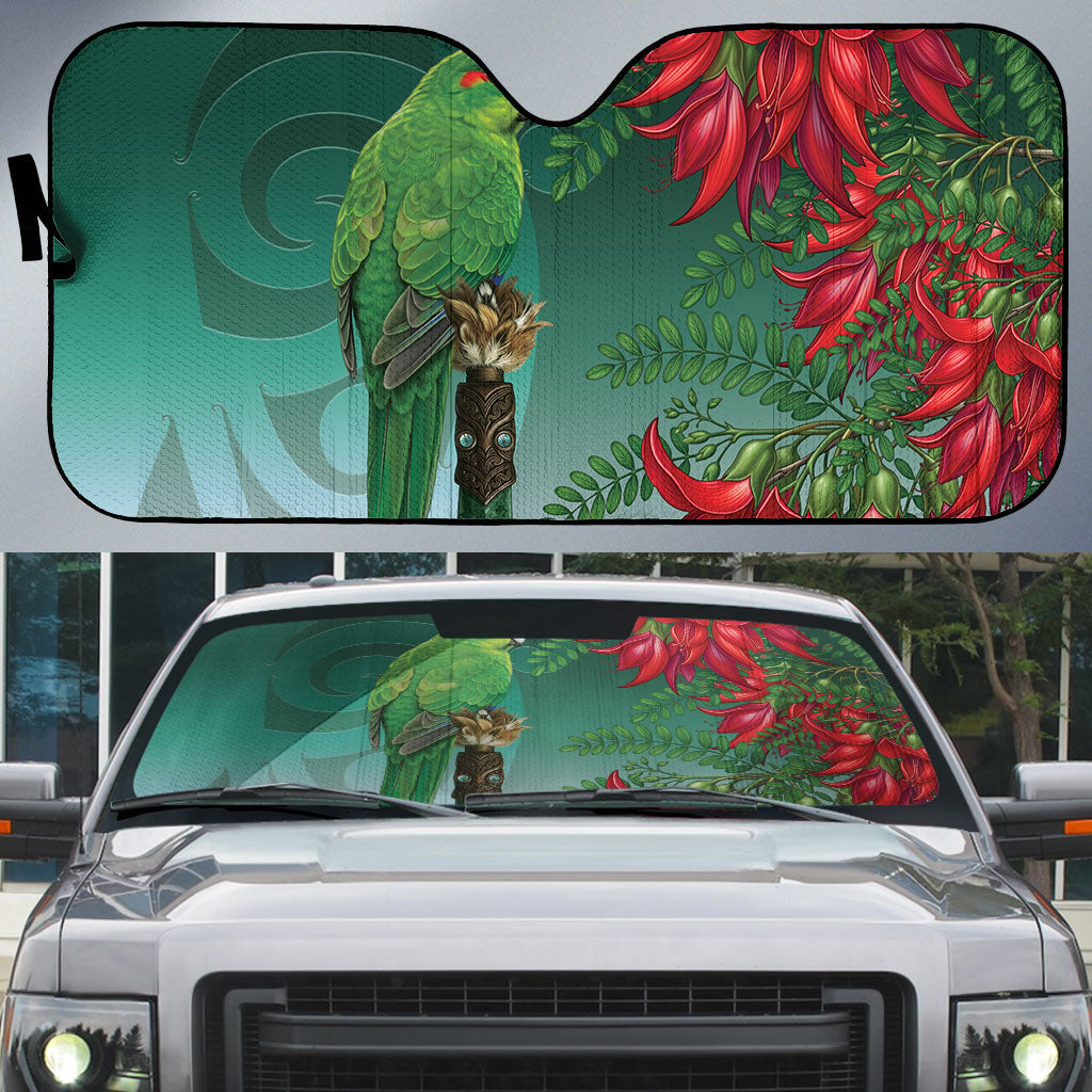 New Zealand Parakeet Bird Auto Sun Shade With Kakabeak Flowers LT05 Teal - Polynesian Pride