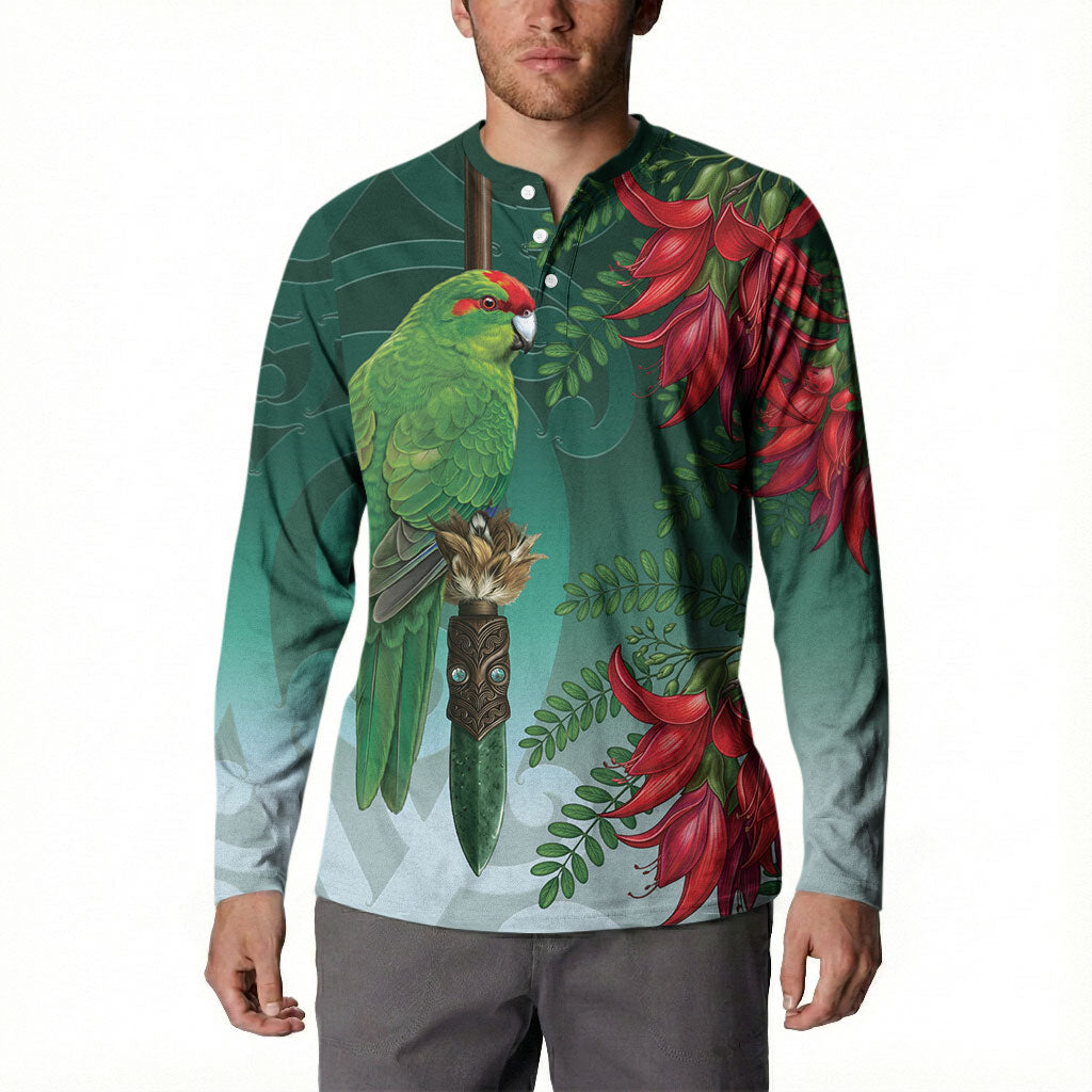 New Zealand Parakeet Bird Button Sweatshirt With Kakabeak Flowers LT05 - Polynesian Pride