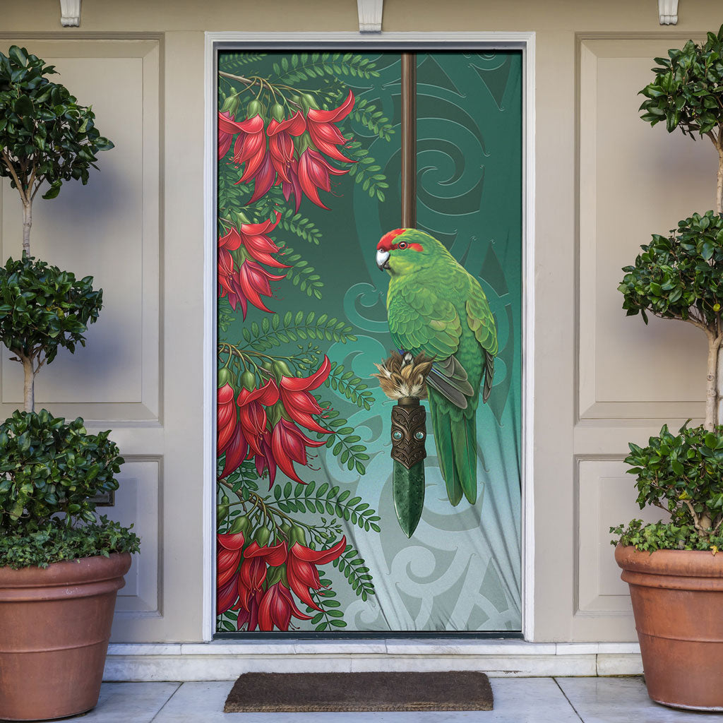 New Zealand Parakeet Bird Door Cover With Kakabeak Flowers LT05 Teal - Polynesian Pride