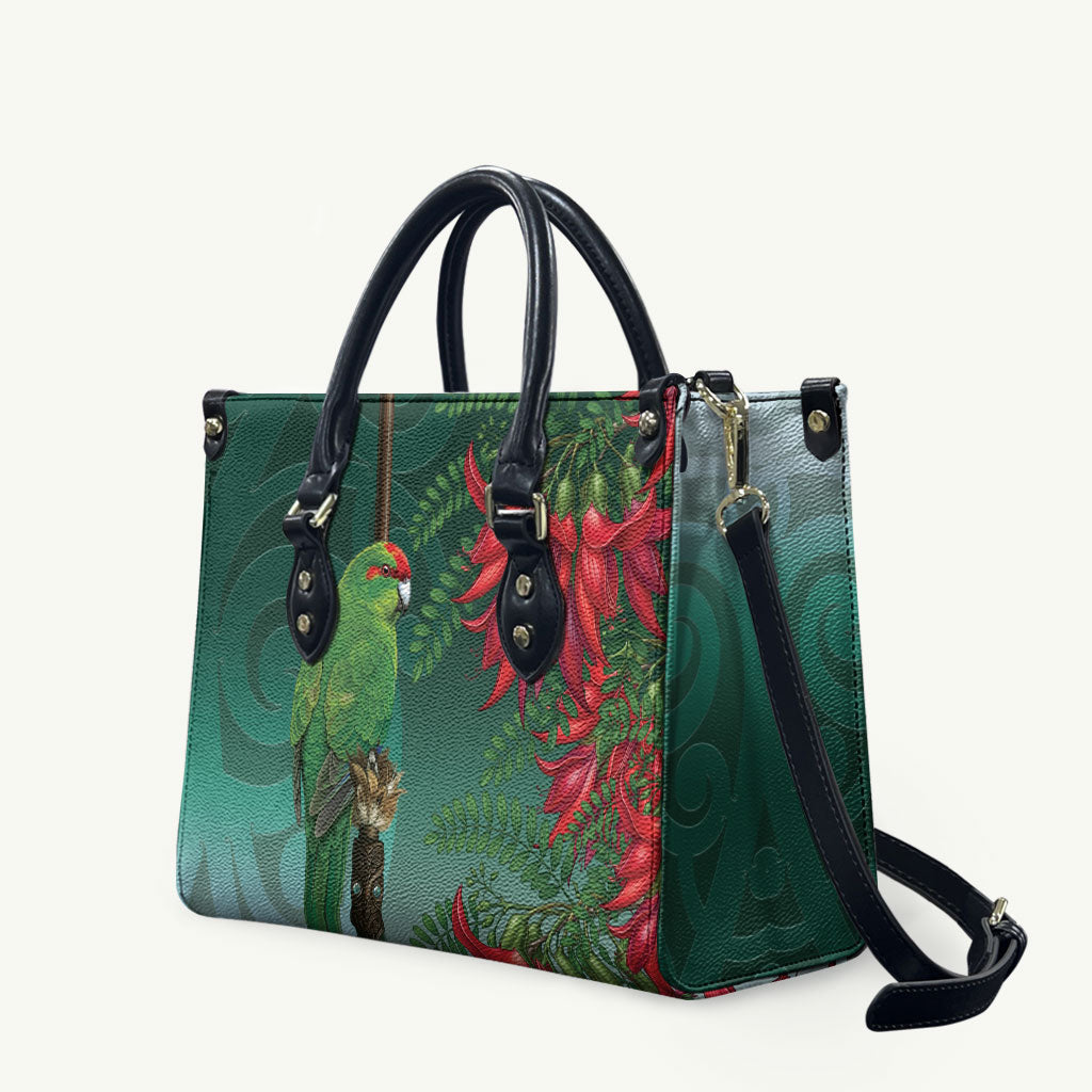 New Zealand Parakeet Bird Leather Bag With Kakabeak Flowers LT05 Teal - Polynesian Pride