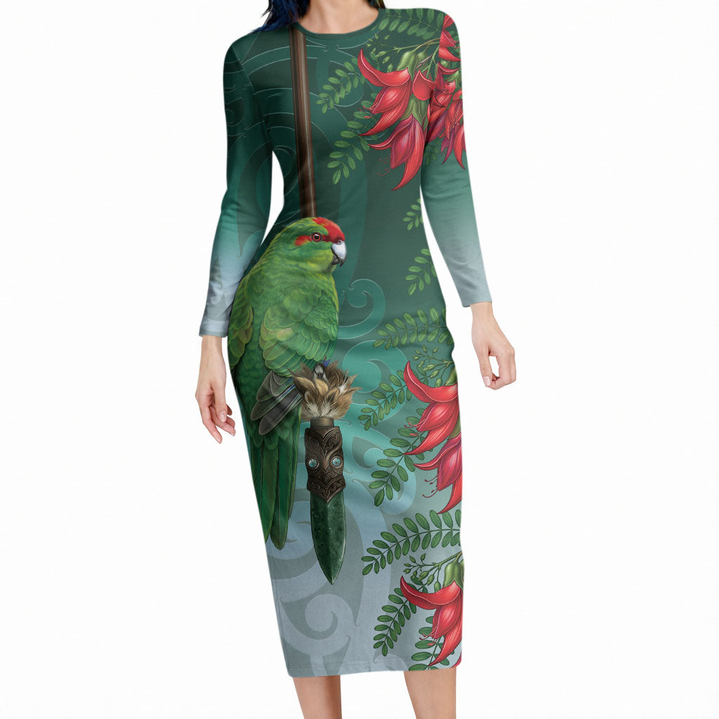 New Zealand Parakeet Bird Long Sleeve Bodycon Dress With Kakabeak Flowers LT05 Long Dress Teal - Polynesian Pride