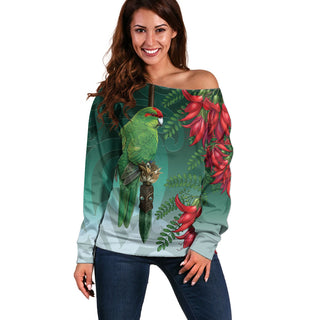 New Zealand Parakeet Bird Off Shoulder Sweater With Kakabeak Flowers LT05 - Women / 2XS / Teal