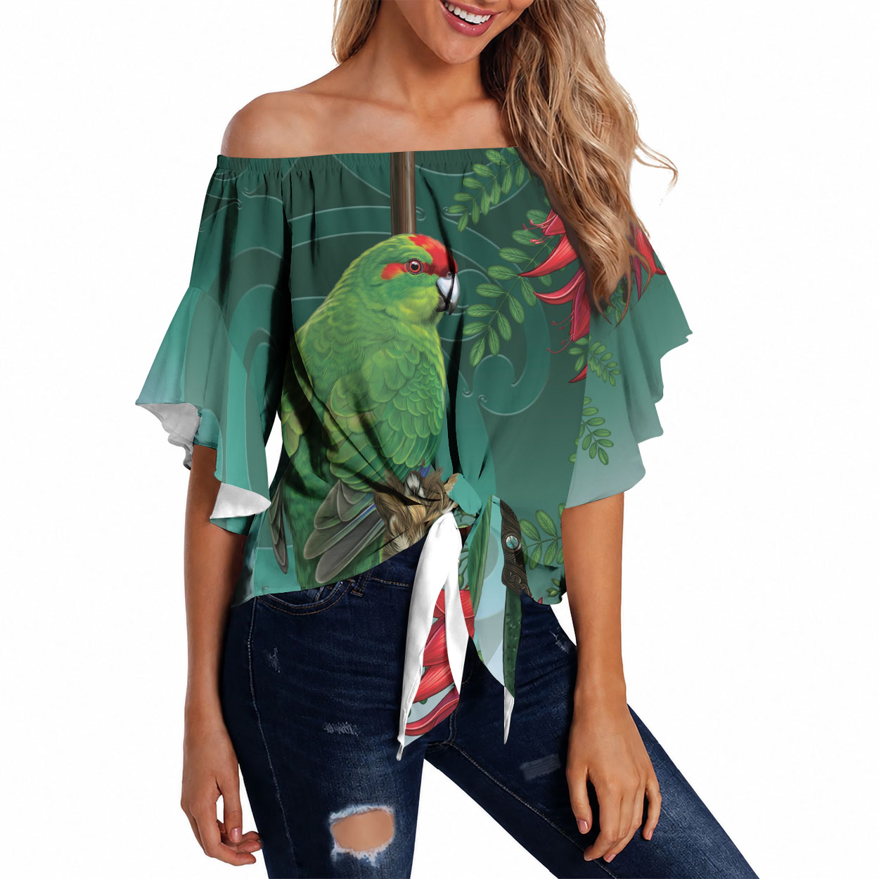New Zealand Parakeet Bird Off Shoulder Wrap Waist Top With Kakabeak Flowers LT05 Teal - Polynesian Pride