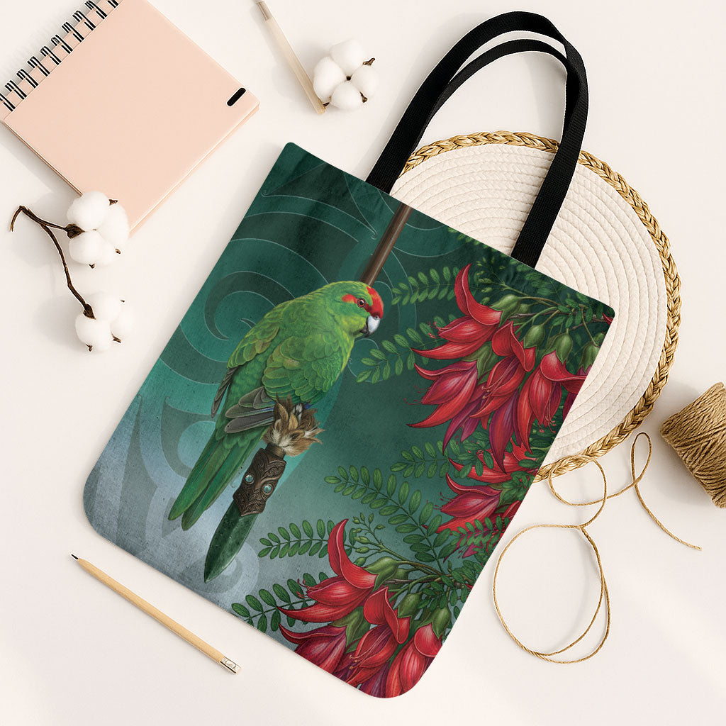 New Zealand Parakeet Bird Tote Bag With Kakabeak Flowers LT05 Black Strap One Size Teal - Polynesian Pride