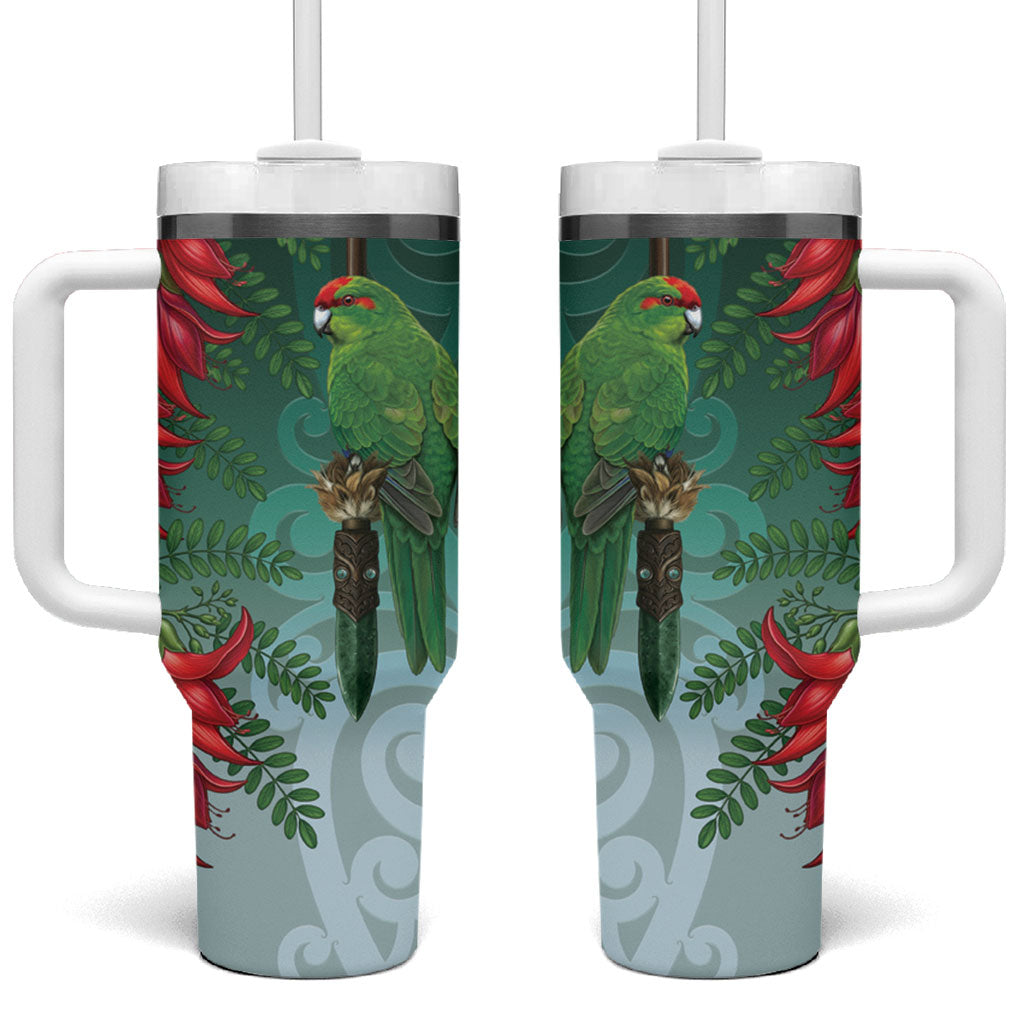 New Zealand Parakeet Bird Tumbler With Handle With Kakabeak Flowers LT05 One Size: 40 oz Teal - Polynesian Pride