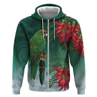New Zealand Parakeet Bird Zip Hoodie With Kakabeak Flowers LT05 Zip Hoodie Teal - Polynesian Pride