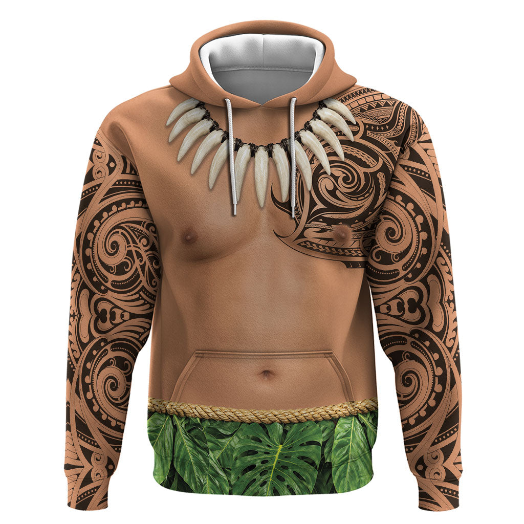 Hawaii Tribal Tattoo Costume Hoodie Shark Tooth Necklace Leaf Skirt LT05 Pullover Hoodie Beige - Polynesian Pride