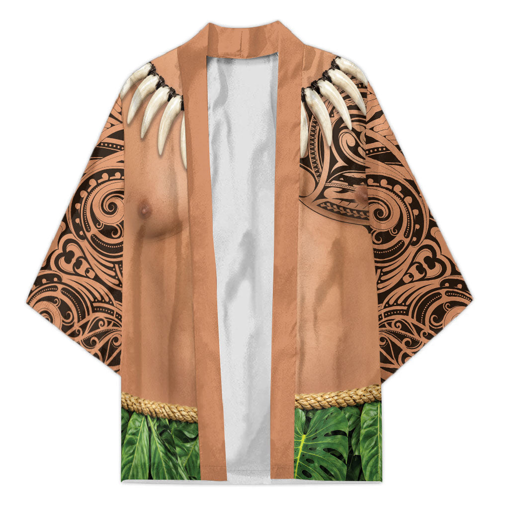 Hawaii Tribal Tattoo Costume Kimono Shark Tooth Necklace Leaf Skirt LT05 Unisex Beige - Polynesian Pride