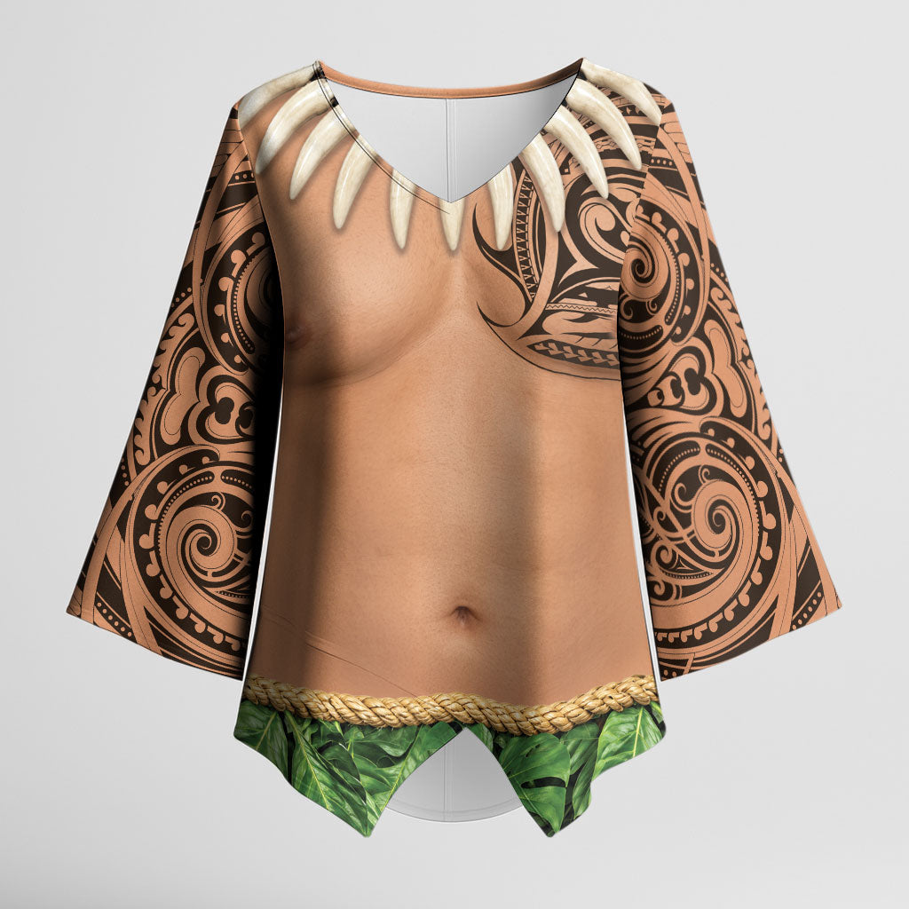 Hawaii Tribal Tattoo Costume Kimono Sleeve Blouse Shark Tooth Necklace Leaf Skirt LT05 Female Beige - Polynesian Pride