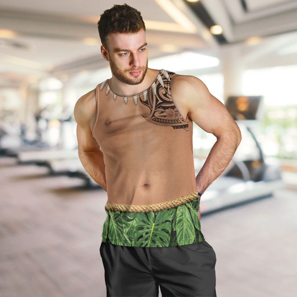 Hawaii Tribal Tattoo Costume Men Tank Top Shark Tooth Necklace Leaf Skirt LT05 Beige - Polynesian Pride