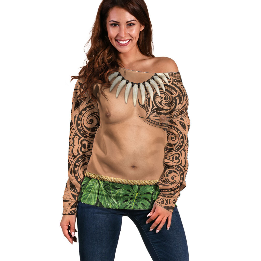 Hawaii Tribal Tattoo Costume Off Shoulder Sweater Shark Tooth Necklace Leaf Skirt LT05 Women Beige - Polynesian Pride