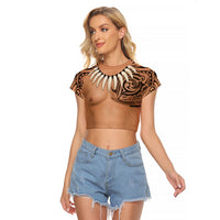 Hawaii Tribal Tattoo Costume Raglan Cropped T Shirt Shark Tooth Necklace Leaf Skirt LT05 Female Beige - Polynesian Pride