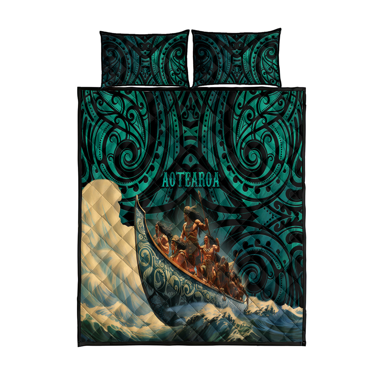 New Zealand Tamaki Herenga Waka Festival Quilt Bed Set Maori Pattern LT05 Dark Turquoise - Polynesian Pride