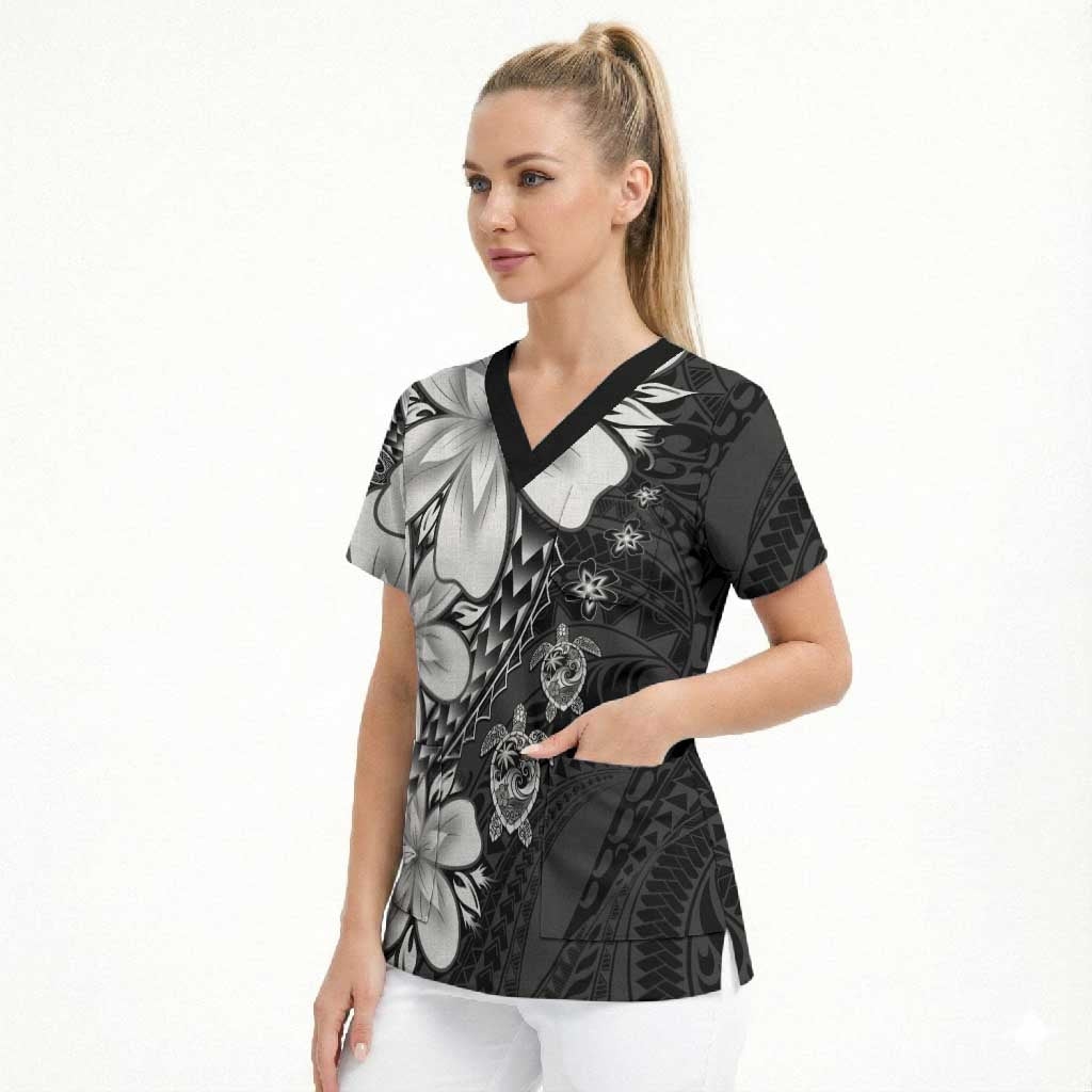 Polynesia Romantic Valentine Scrub Top Sea Turtle Couple With Black Plumeria LT05 - Polynesian Pride