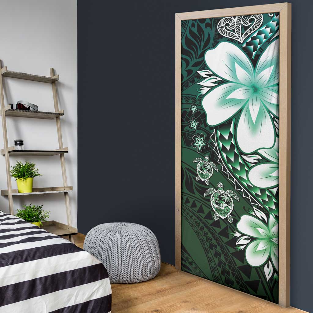 Polynesia Romantic Valentine Door Cover Sea Turtle Couple With Aqua Gradient Plumeria LT05 - Polynesian Pride