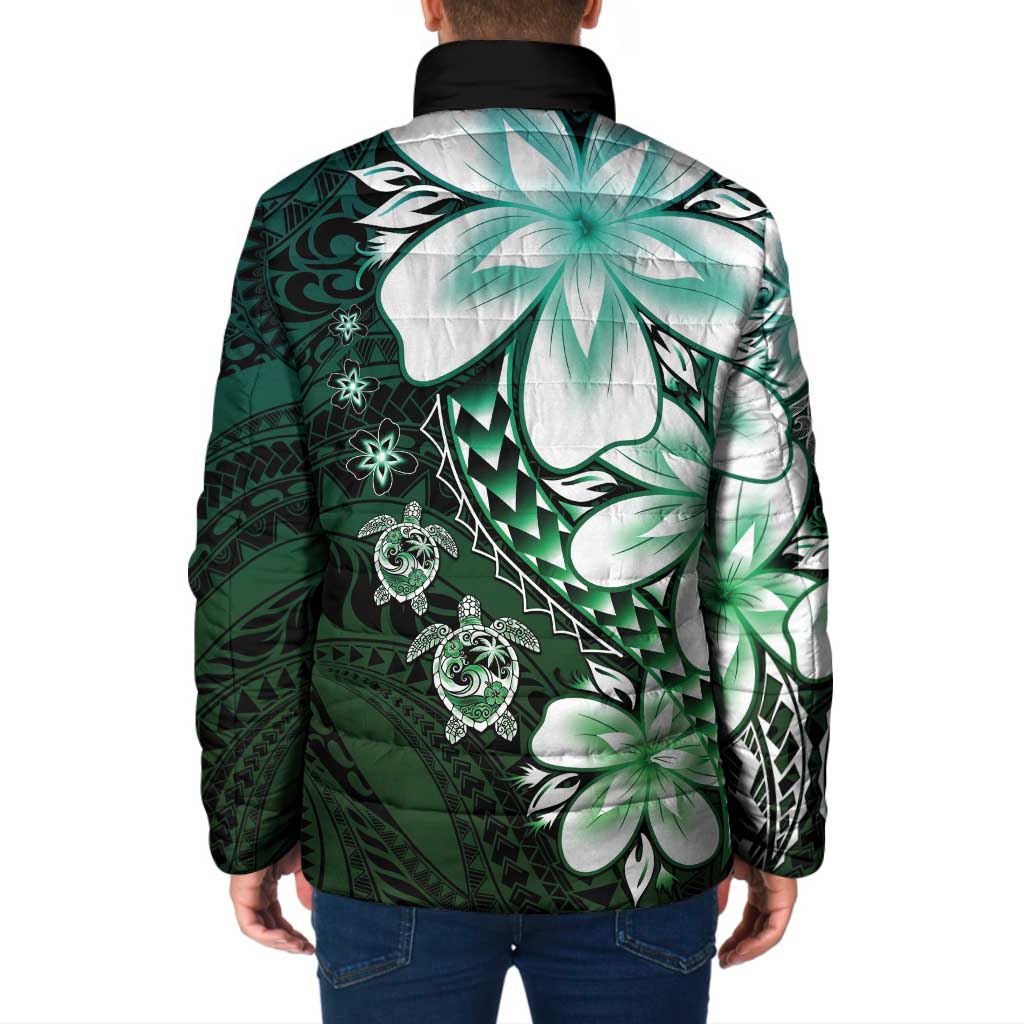 Polynesia Romantic Valentine Padded Jacket Sea Turtle Couple With Aqua Gradient Plumeria LT05 - Polynesian Pride