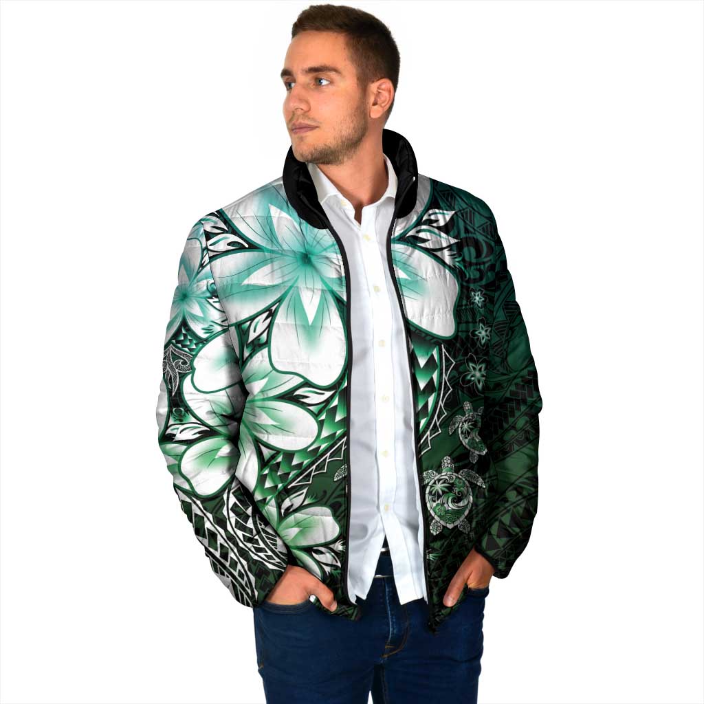 Polynesia Romantic Valentine Padded Jacket Sea Turtle Couple With Aqua Gradient Plumeria LT05 - Polynesian Pride