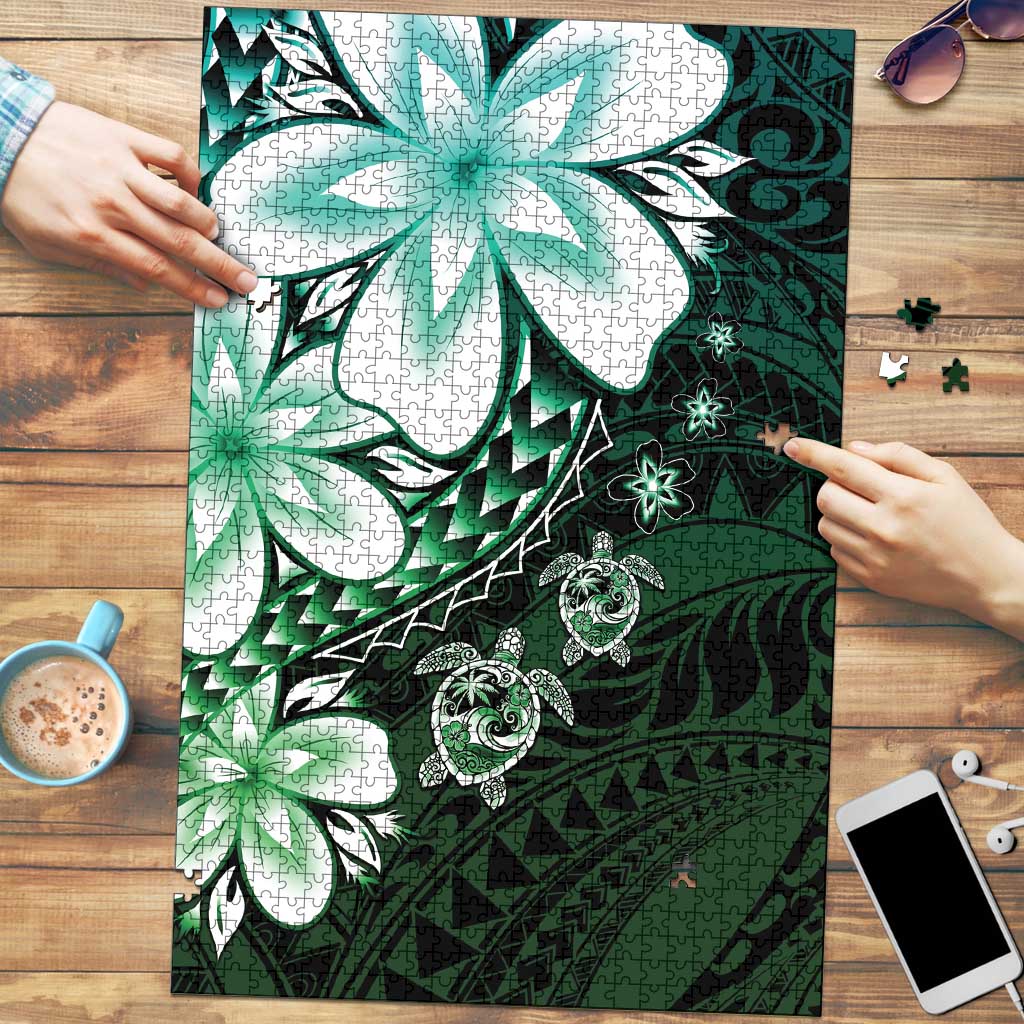 Polynesia Romantic Valentine Puzzle Sea Turtle Couple With Aqua Gradient Plumeria LT05 Aqua - Polynesian Pride