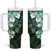 Polynesia Romantic Valentine Tumbler With Handle Sea Turtle Couple With Aqua Gradient Plumeria LT05 One Size: 40 oz Aqua - Polynesian Pride