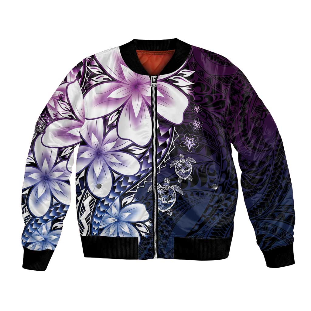 Polynesia Romantic Valentine Bomber Jacket Sea Turtle Couple With Purple Gradient Plumeria LT05 Unisex Purple - Polynesian Pride