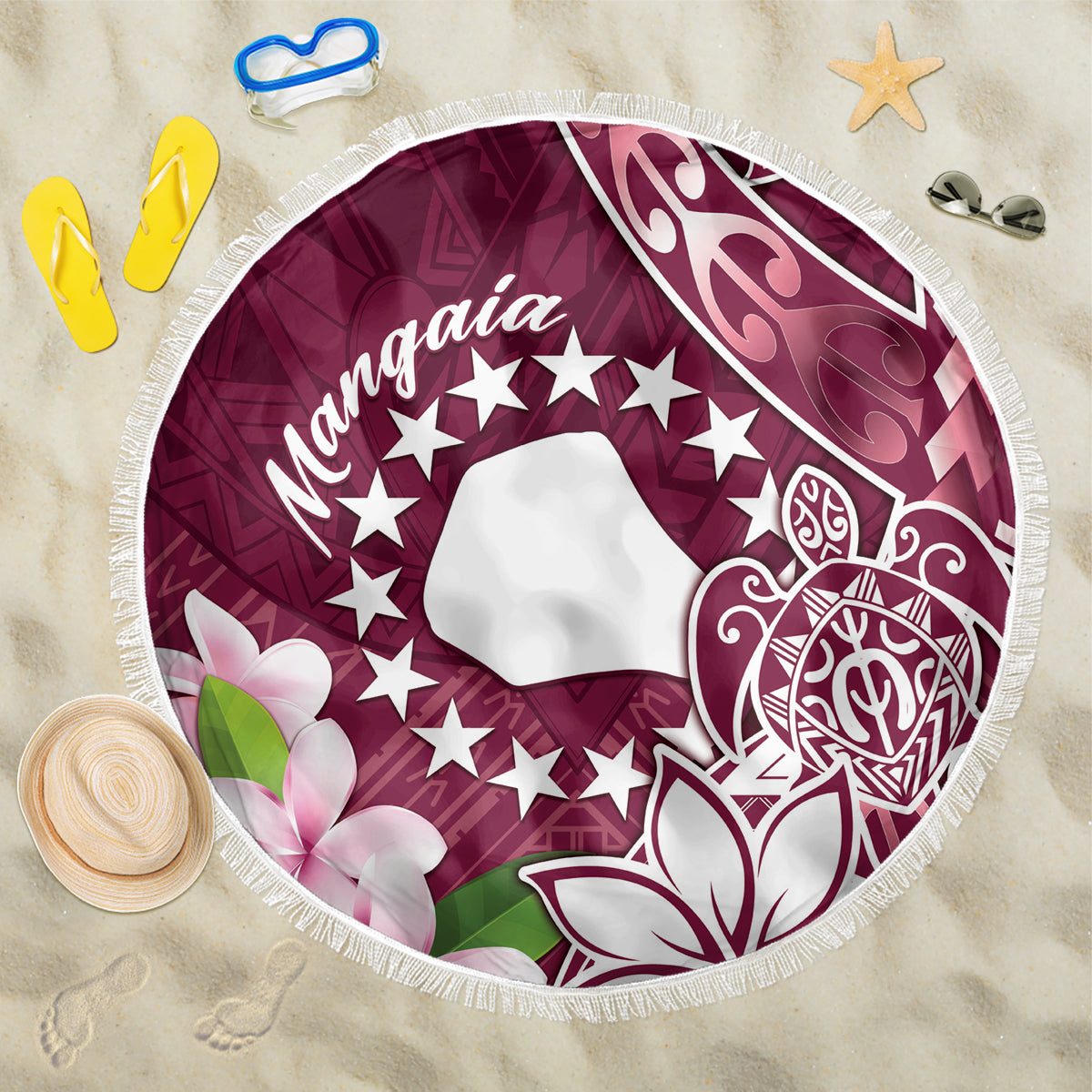 Cook Island Mangaia Gospel Day Beach Blanket Floral Tribal Pattern LT05 One Size 150cm Maroon - Polynesian Pride
